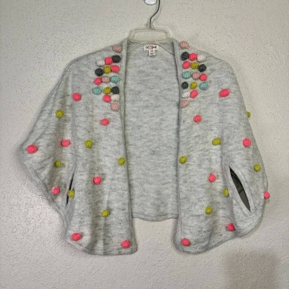 Cat & Jack Girls Kids Cape Poncho Shawl Multicolor Pom‎ Pom Design Gray Size S/M